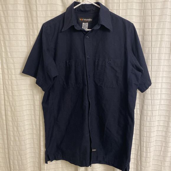 wrangler shirt Button Up Medium Navy Blue Workwear Casual Short Sleeve - Picture 1 of 4
